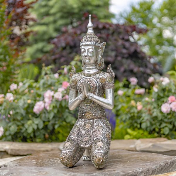 25.6 Tall Silver Polyresin Thai Kneeling in Prayer Buddha