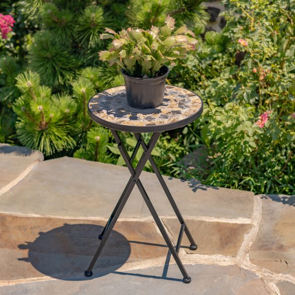"St. Augustine" 23in. Tall Mosaic Folding Plant Stand - Stone & Brown