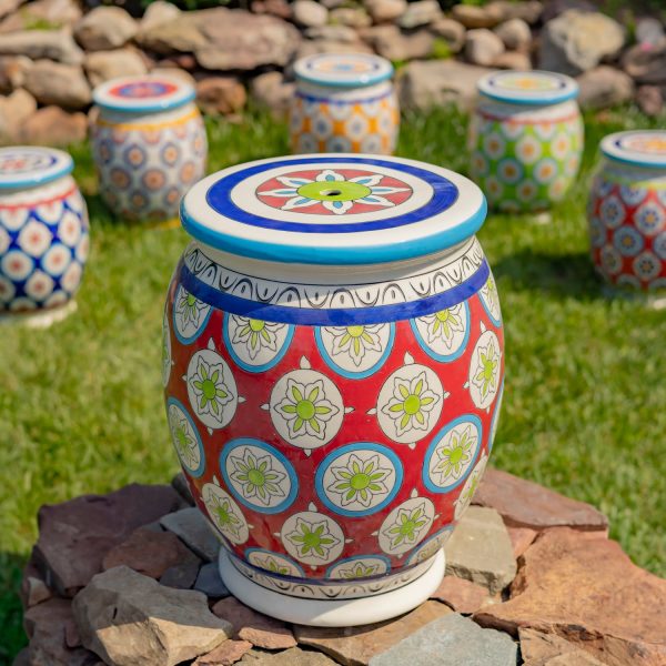 17.75 Tall Ceramic Stoneware Stool in Red, Blue and Green Carmen