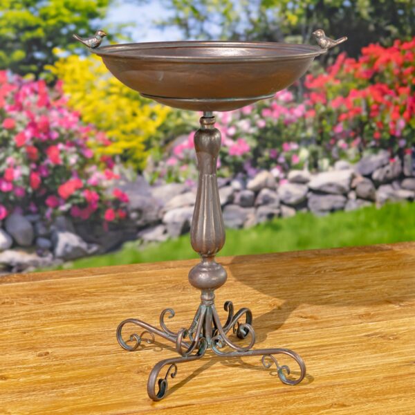 27" Tall Ornate Pedestal Birdbath with Little Bird Details - Copper Bronze
