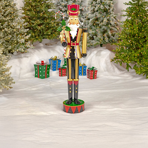 65.35In Tall Standing Iron Nutcracker in Gold with Candy Cane and LED Lights Kane