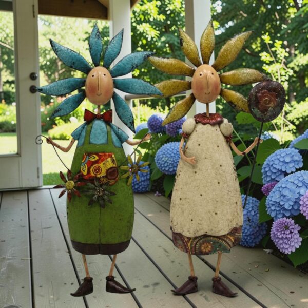 Whimsical Metal Flower Garden Figurines "Dandy & Daisy" – Available Individually or as a Set of 2