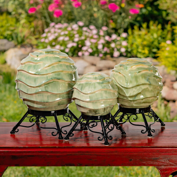 Set of 3 Assorted Ceramic Wavy Globe Gazing Balls with Stands "Lisbon"