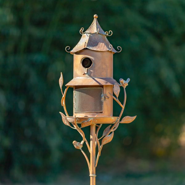 4 Assorted Birdhouse Feeder Garden Stakes in Antique Copper "The Homestead Collection"