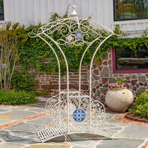 8.75ft. Montpellier Iron Garden Bridge with Mosaic Accents – Antique Bronze "Antigone" & Antique White "Écusson"