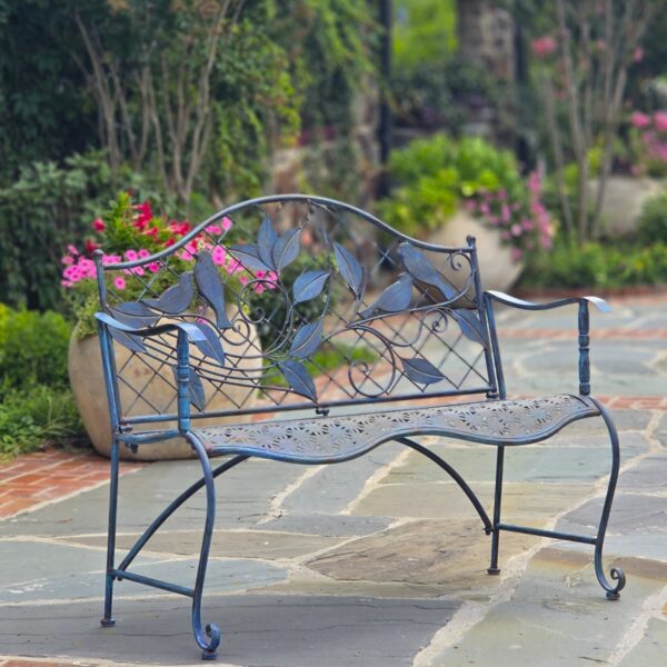 Classic Iron Garden Bench with Perched Birds Backrest in Cobalt Blue "Peace Valley"