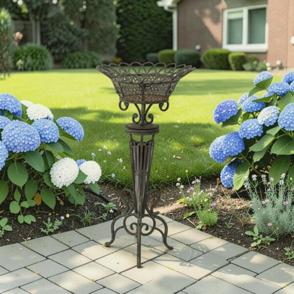 37.25" Tall Ornate Iron Basket Plant Stand in Antique Bronze
