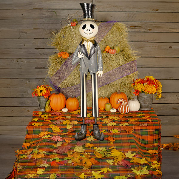 54.25in Tall Old School Dapper Skeleton Man with Spiderweb Umbrella Mr. Bones