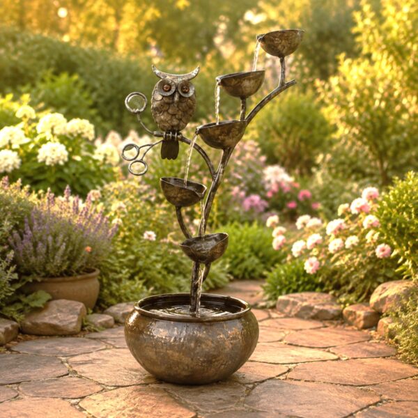 35.5" Tall Iron Owl on Branch Cascading Bowl Garden Fountain