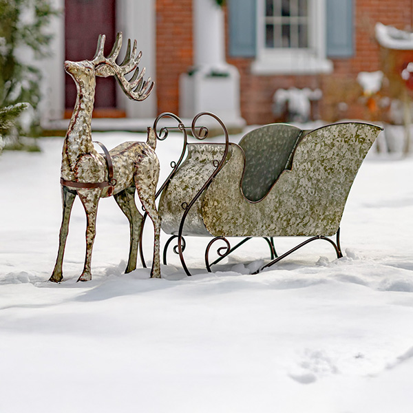 Large Galvanized Reindeer and Sleigh Decoration