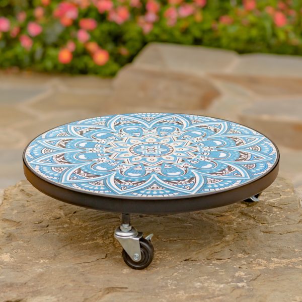 Flat round plant trolley in colors dark grey and light blue