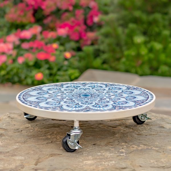 Flat plant trolley with colors white and blue with mosaic tiling