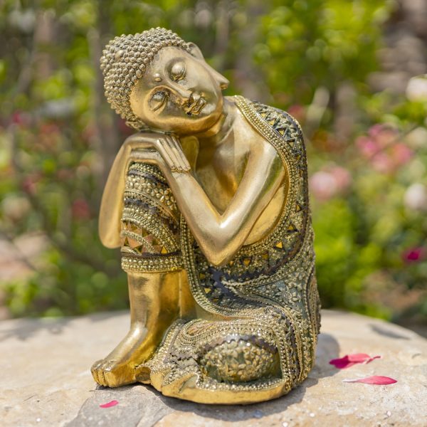 13.8 Tall Frosted Gold Polyresin Thinking Buddha Idol Statue