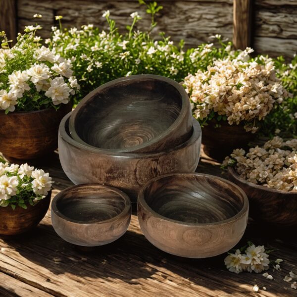 image of four round wooden decorative bowls displayed with a rustic outdoor background