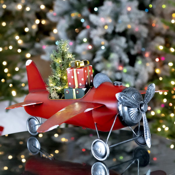 30 inches tall iron red airplane with lighted Christmas tree and gifts decor