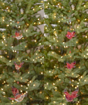 1 set of two long three piece acrylic cardinal hanging Chain ornament with one in all red and the other in a redish orange and clear color