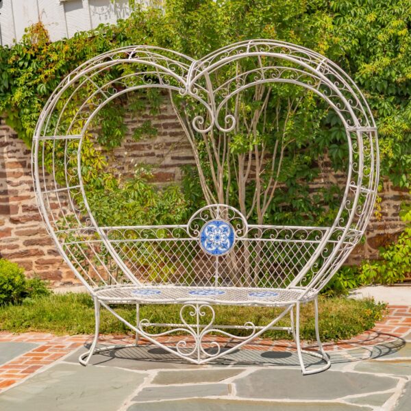 6.9ft. Tall Montpellier Iron Heart Bench with Mosaic Accents – Antique White "Écusson" & Antique Bronze "Antigone"