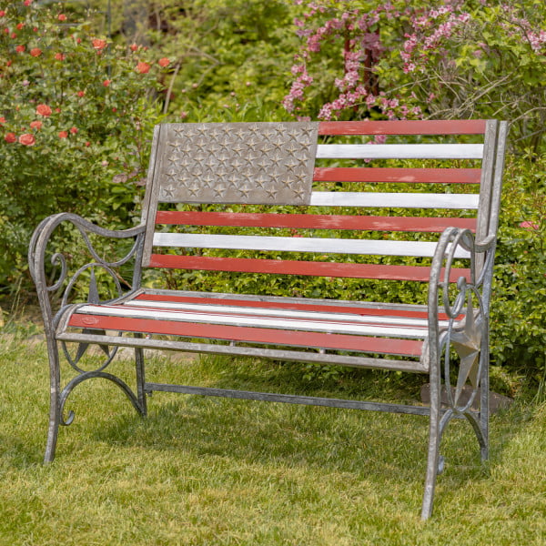 American garden bench with the American colors and a star on both sides of the bench