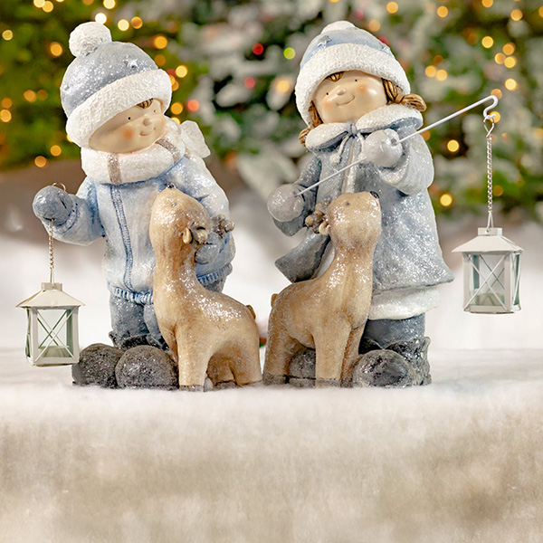 Set of 2 Tushkas Holding Lanterns with Baby Deer