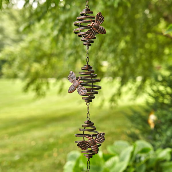 close up 3 sections of 79 Long Antique Bronze Hanging Honeybee Rain Chain