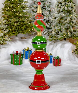 5.5 Feet tall iron Santa Claus inspired Christmas ornament tower with belt buckles and swirl pattern in green, red and gold
