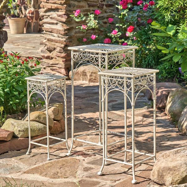 3 iron plant stands, all in different sizes in antique white finish with detail