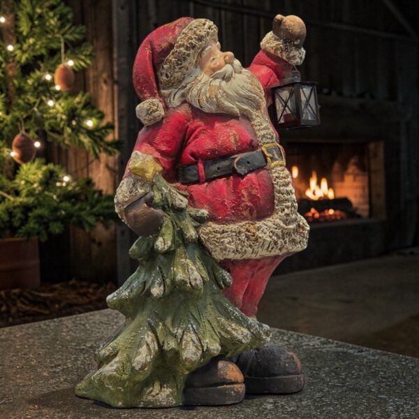 24" Tall Rustic Santa Figurine with Lantern & Tree