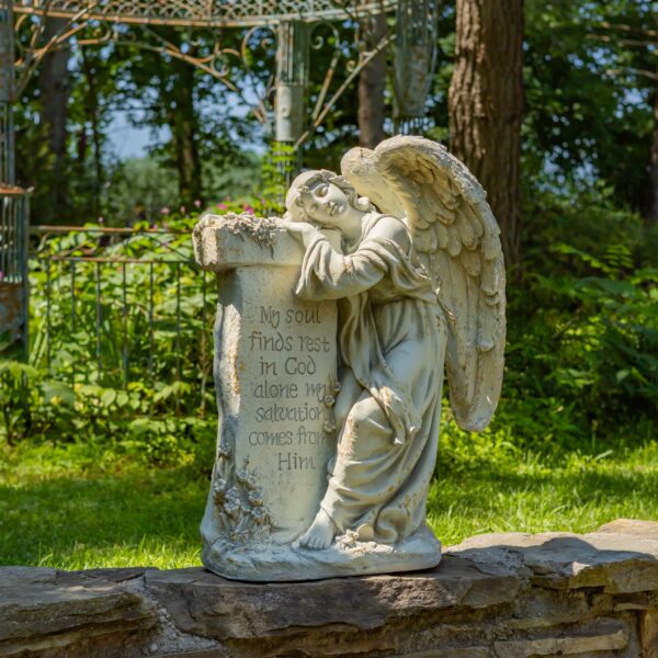 34" Tall Mourning Magnesium Angel Statue with Scripture Engraved Pedestal "Hali"