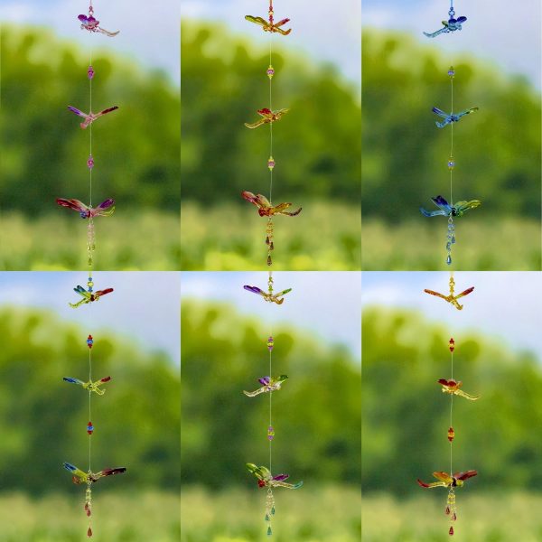 One set of six hanging acrylic with three pieces of dragonfly on every chain in different colors