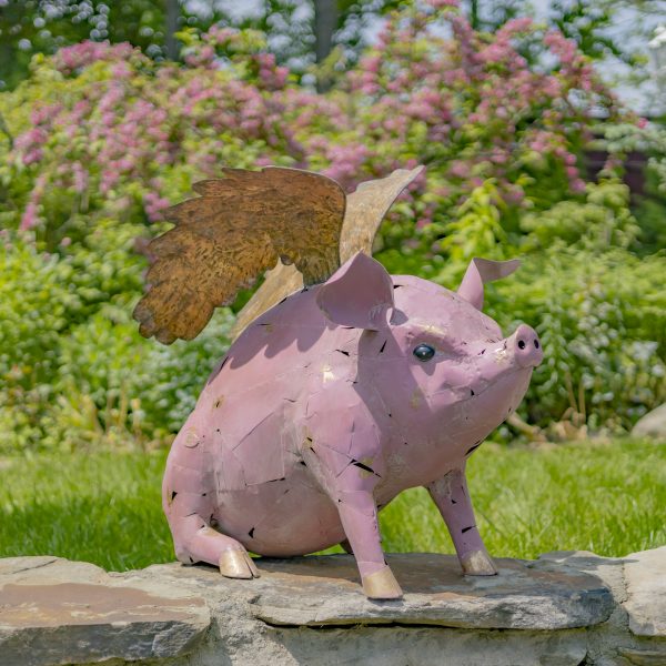 30.5" Tall Flying Pink Iron Pig Statue with Golden Wings "Rachael"