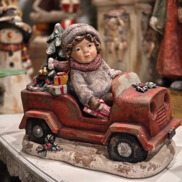 19" Tall Vintage-Style Boy in Red Truck with Christmas Tree & Gifts