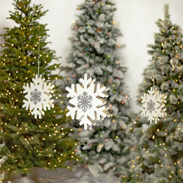 set of 3 large iron hanging white snowflakes with painted silver snowflake and LED backlights