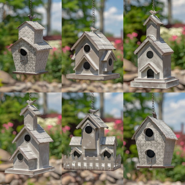 Set of 6 Assorted Style Hanging Galvanized Birdhouses