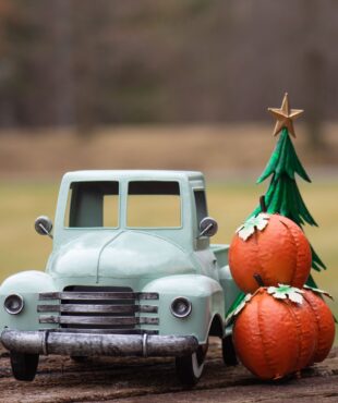 It’s painted a soft, muted green with a smooth finish. The body has rounded fenders, a curved hood, and a flat truck bed in the back. The wheels are black with silver centers, and the windows are open spaces without glass. The overall style is vintage and charming, with simple, classic details.