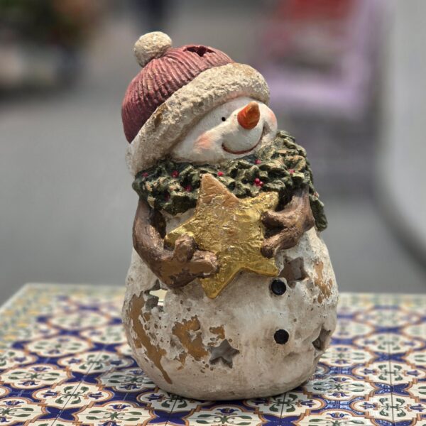 13" Tall Vintage-Style Chubby Snowman Candleholder Figurine Holding Star "Sven"