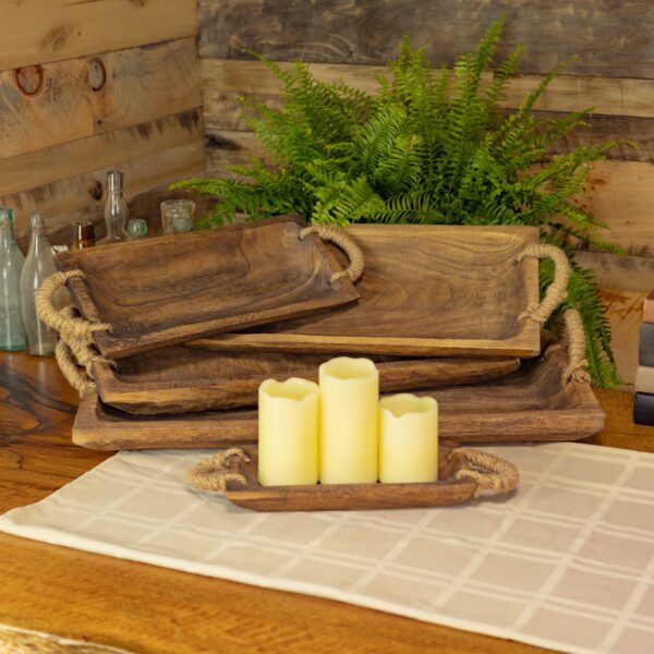 Set of 5 Assorted Rectangular Wooden Serving Trays with Rope Handles "Beaufort"