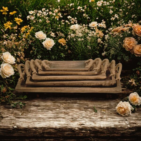 image of five wooden serving trays with a rustic background
