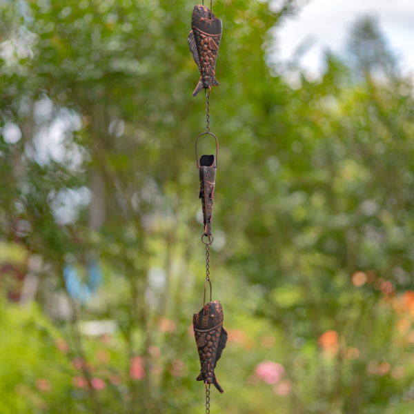 Closeup of 3 Fish on 76.75 Long Antique Bronze Rain Chain with Rainbow Trout
