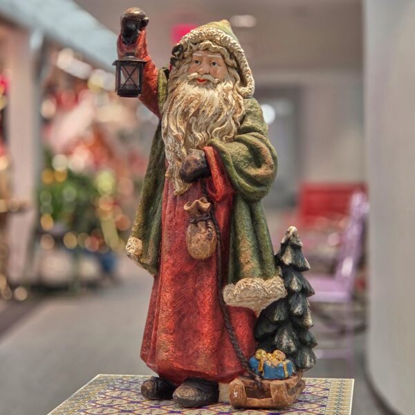 33" Tall Old World Santa Figurine with Lantern, Sled & Christmas Tree