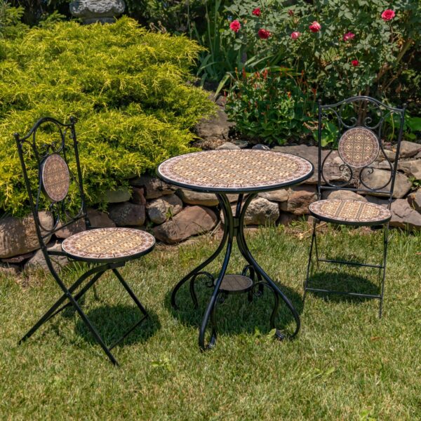 "Pelagia" Three Piece Round Mosaic Bistro Set - Tan/Yellow
