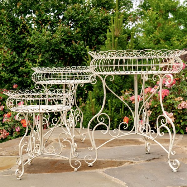 3 iron plant stands with baskets, all different sizes with an antique white finish