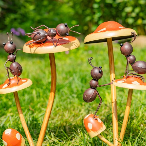 Set of 6 Funny Ants on Mushroom Garden Stakes