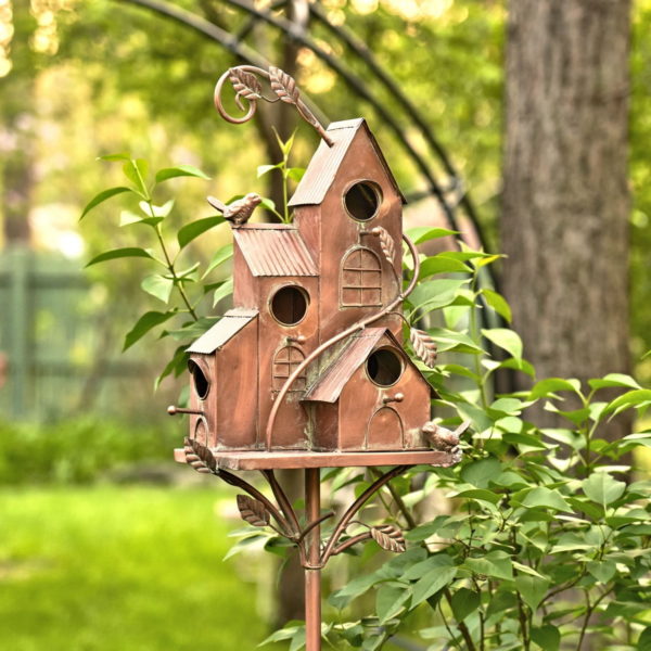tall metal four home bungalow birdhouse stake in antique copper finish