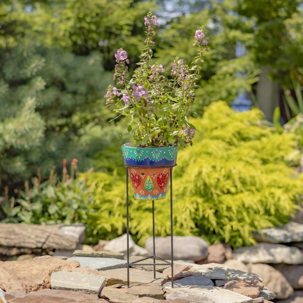 6 Assorted Hand Painted Flowerpots with Iron Stands