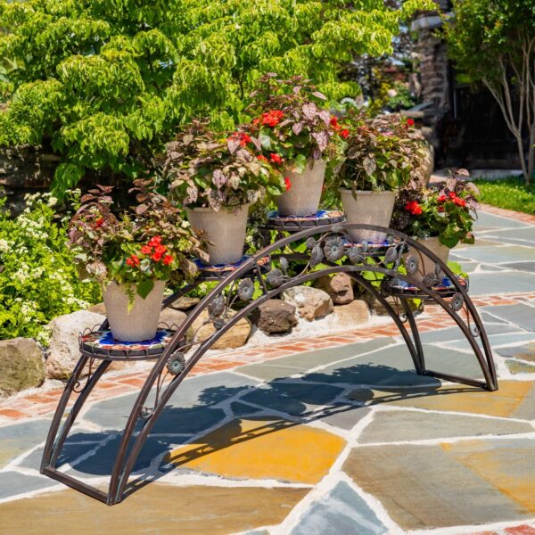 6.5ft Santorini Bridge-Style Iron & Mosaic Plant Stand