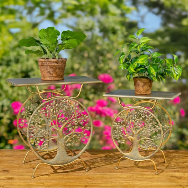 Set of 2 "Tree of Life" Rectangular Metal Plant Stands