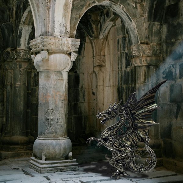 Metal dragon with white background showing the detail and glossy metallic color