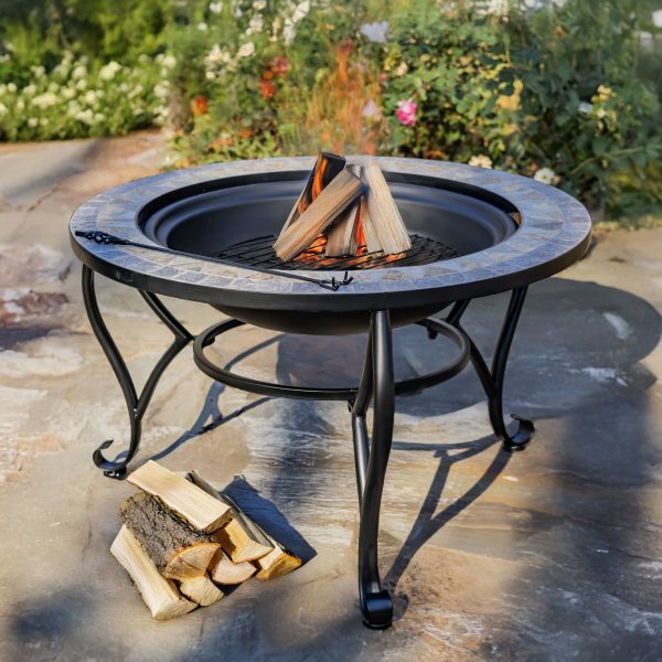 "Grey Rocks" Large Mosaic Fire Pit Tile Metal 32.6"D. Round