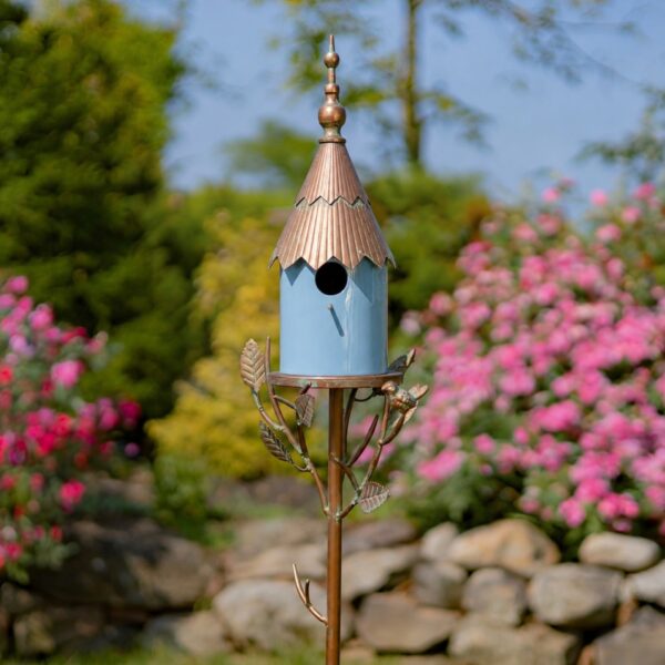 70.5" Tall Iron & Soft Blue Porcelain Birdhouse Garden Stake "Arta"