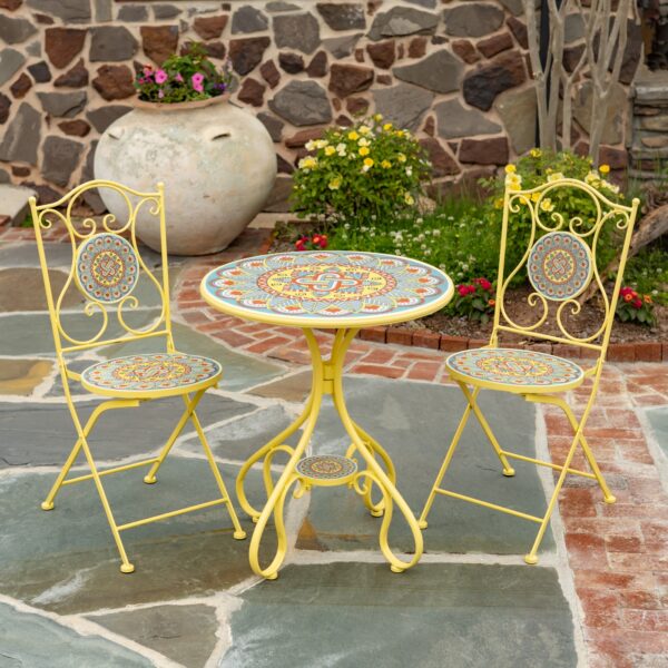 "Palermo" Three Piece Round Mosaic Bistro Set - Yellow/Light Blue